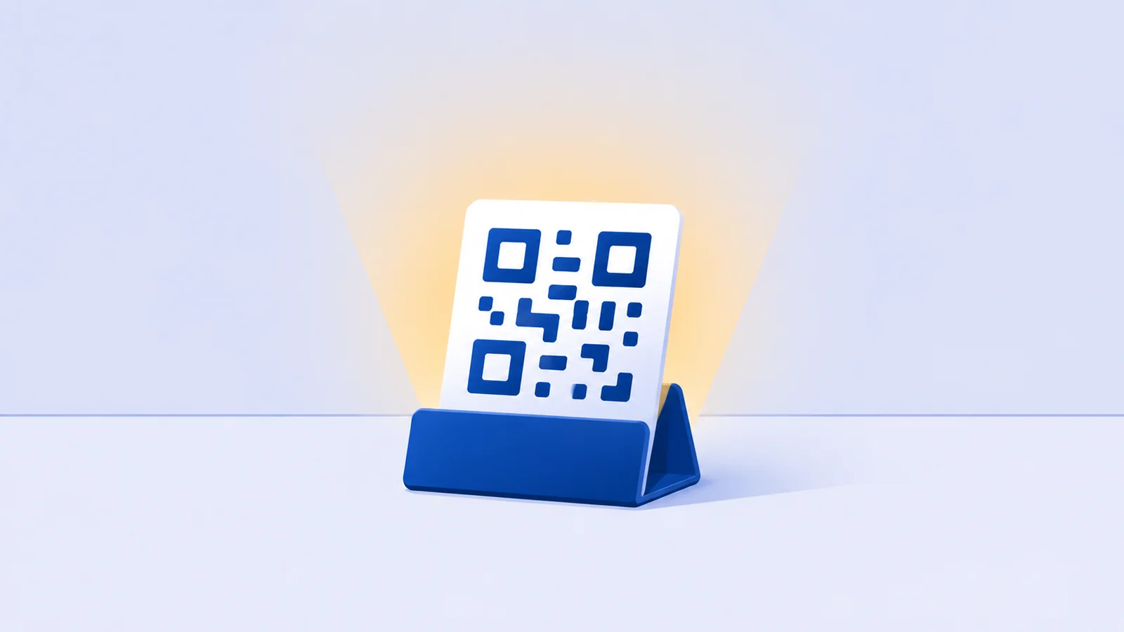 A QR code card standing in a holder on a counter, lit from behind