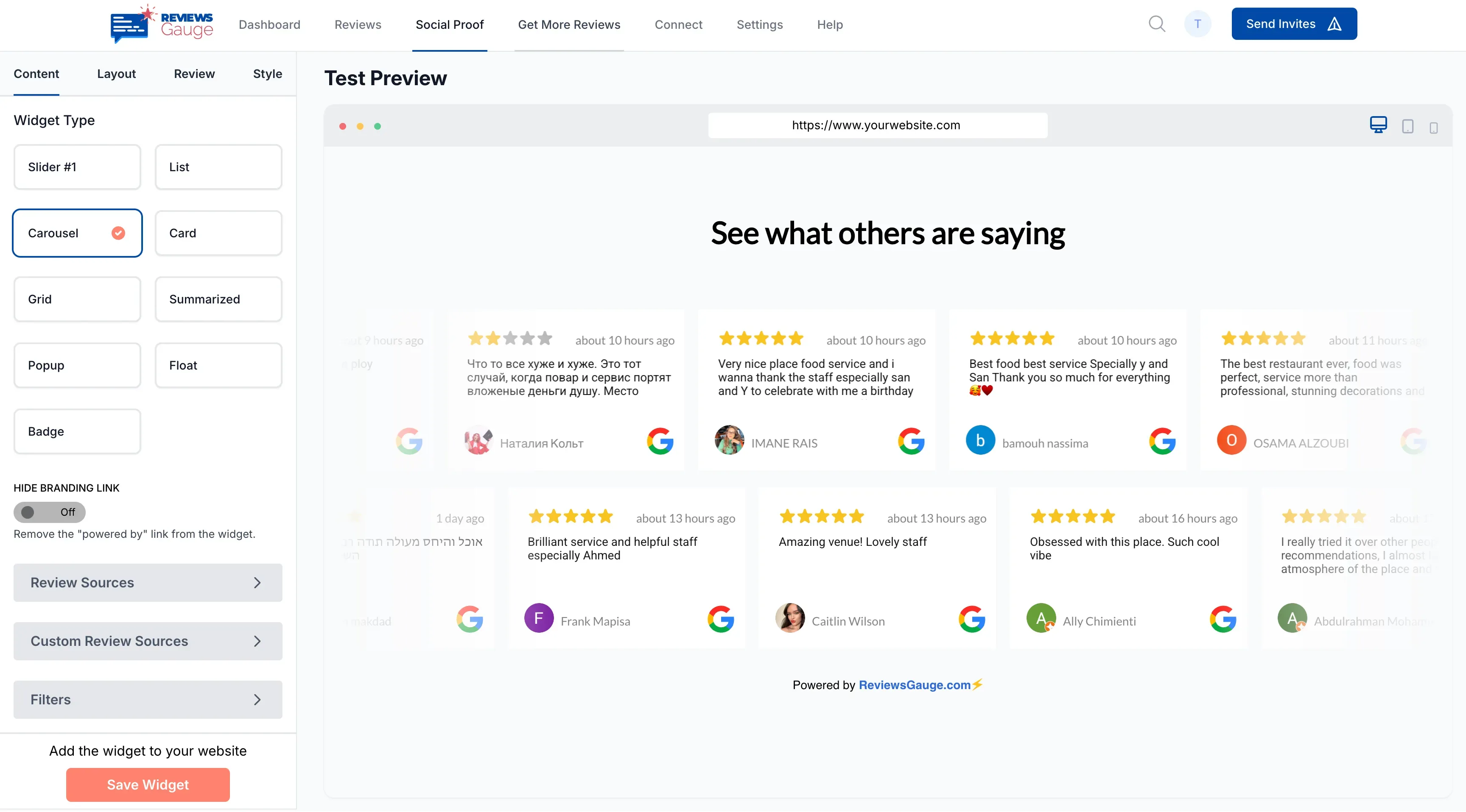 Website widget builder, sample data