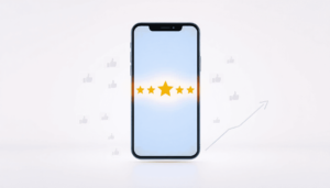 Smartphone displaying a glowing 5-star review, surrounded by thumbs-up icons and chat bubbles, with graphs and upward arrows in the background symb...