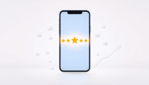 Smartphone displaying a glowing 5-star review, surrounded by thumbs-up icons and chat bubbles, with graphs and upward arrows in the background symb...