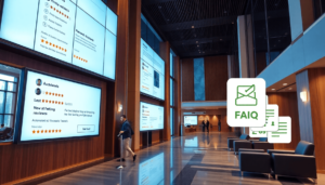 Modern hotel lobby with digital screens showing positive reviews, ratings, and icons for automated notifications and review tools, highlighting str...