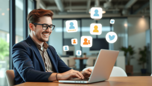 Business owner happily managing online reviews on laptop with review platform icons in a bright, modern office setting.