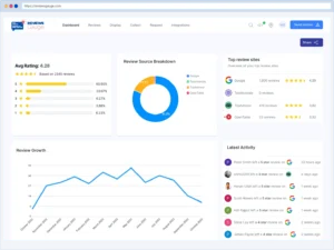 Review statistics dashboard with ratings, graphs, and activities.