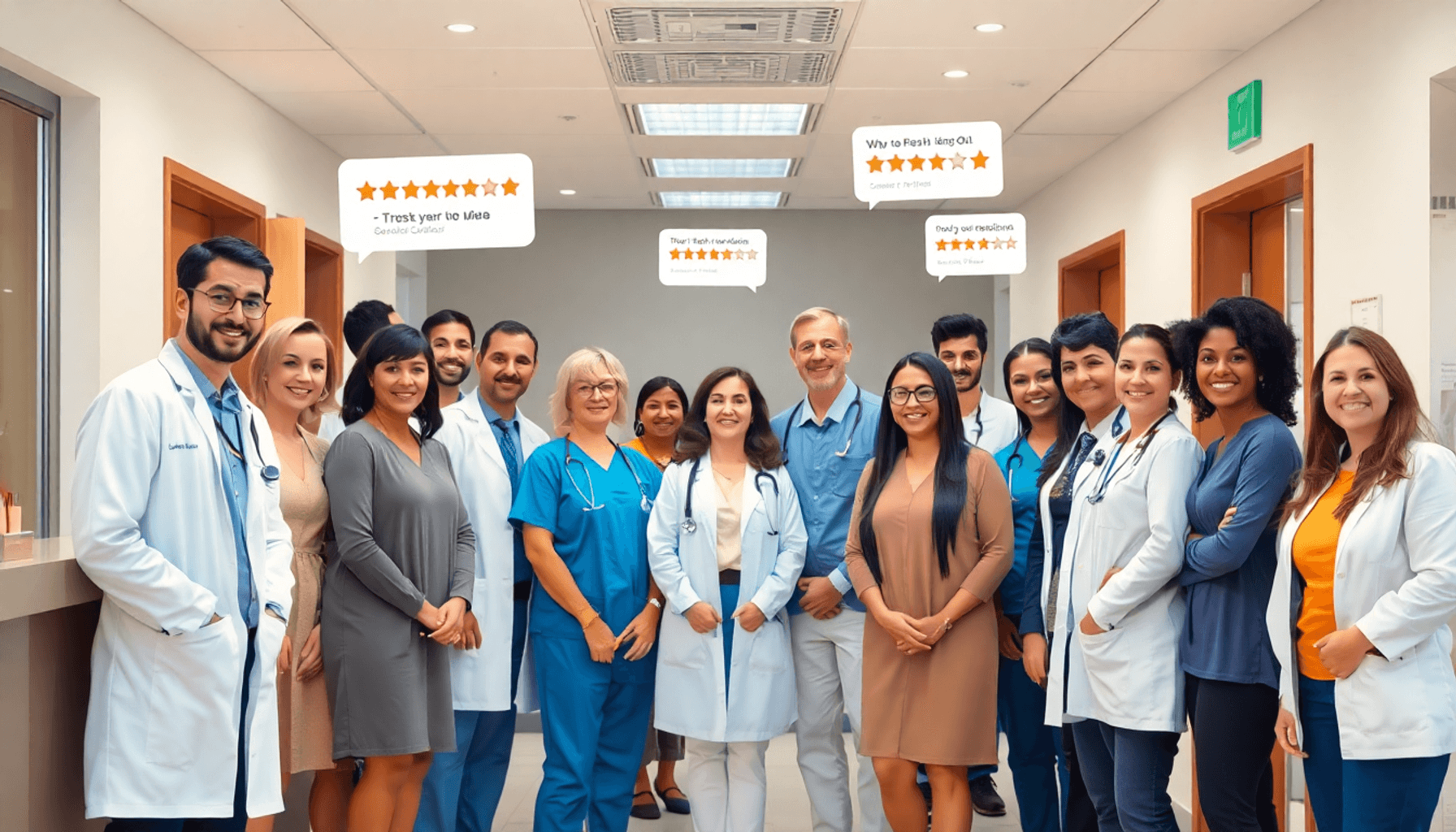 Healthcare clinic reception with smiling staff and patients, digital icons of online reviews and ratings floating nearby, symbolizing trust and pos...