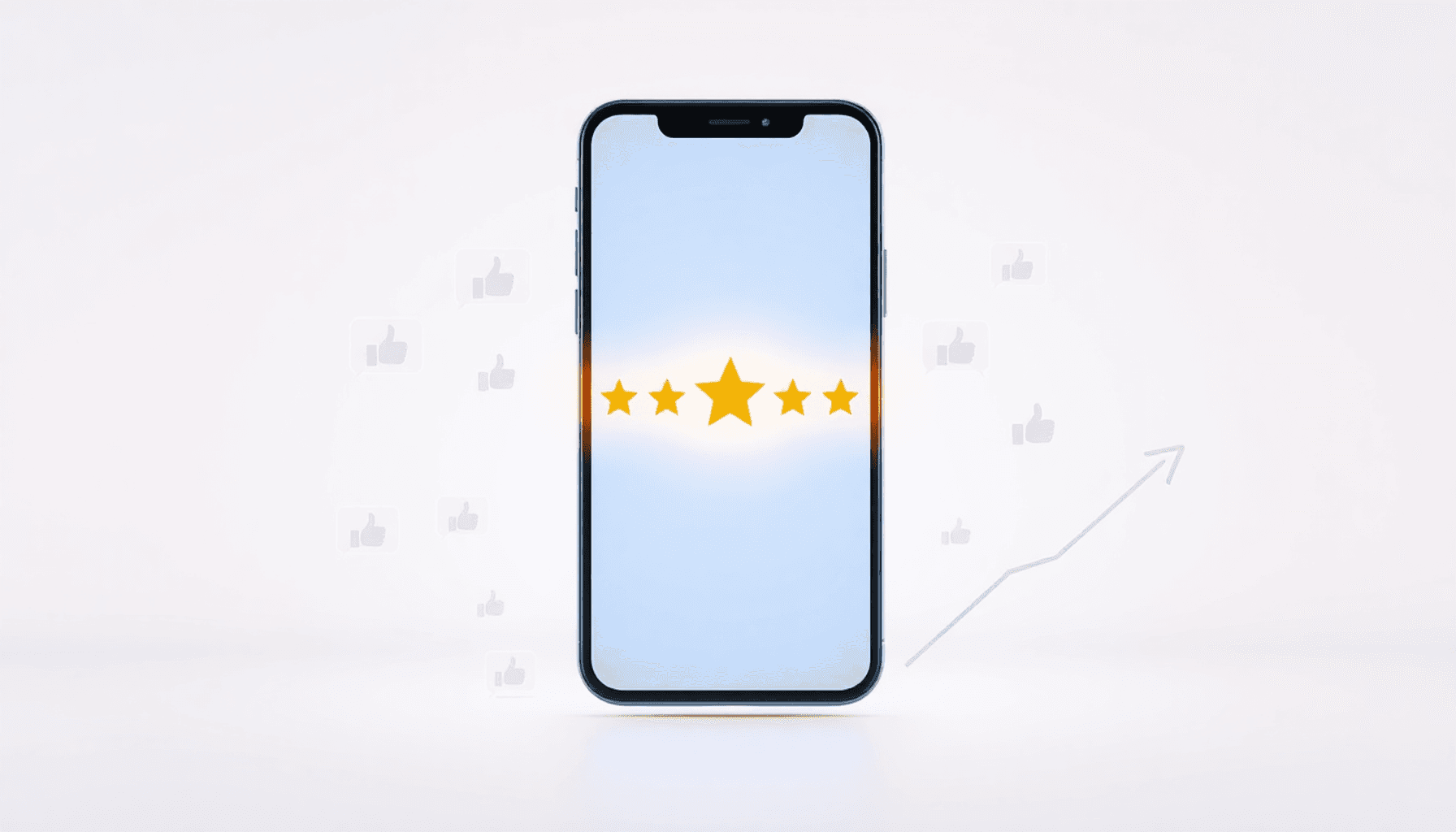 Smartphone displaying a glowing 5-star review, surrounded by thumbs-up icons and chat bubbles, with graphs and upward arrows in the background symb...