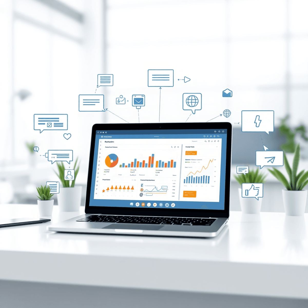 A modern workspace with a laptop showing customer review analytics and AI icons, surrounded by star ratings, speech bubbles, and notification alert...