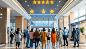 Hotel lobby with staff greeting guests, digital review icons and glowing star ratings above, symbolizing excellent guest reviews and strong reputat...