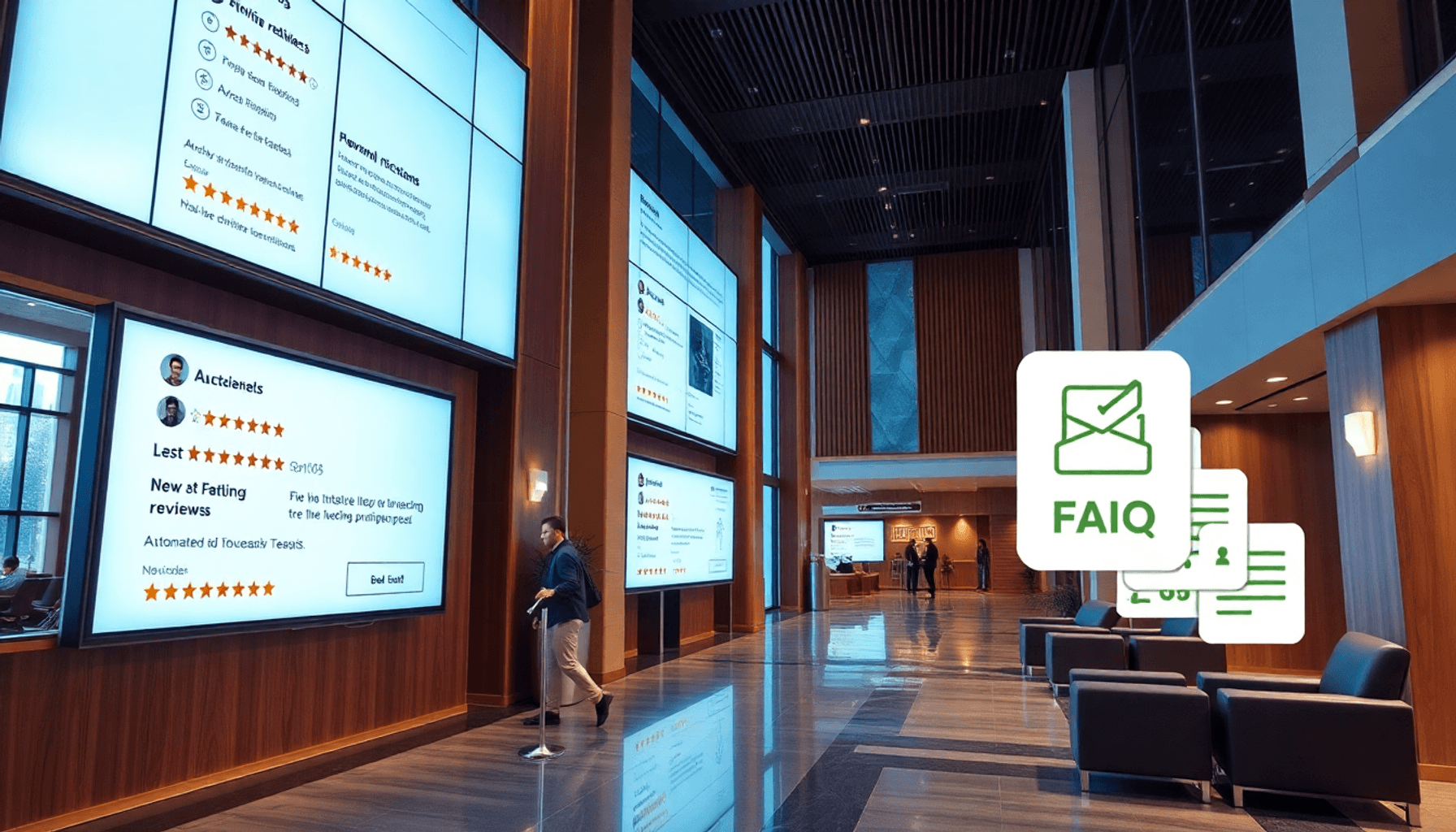 Modern hotel lobby with digital screens showing positive reviews, ratings, and icons for automated notifications and review tools, highlighting str...